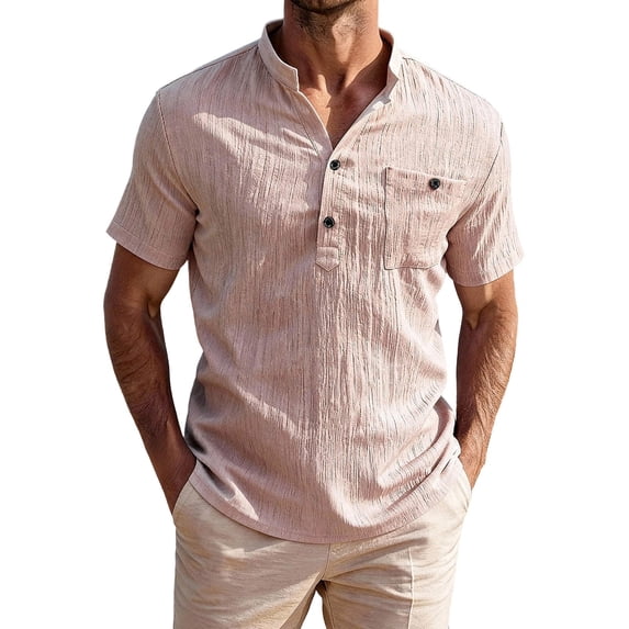 Paiwinds Men's Short Sleeve Button Down Shirt Stand Collar Casual Solid Color Summer Beach Shirt with Pocket for Men