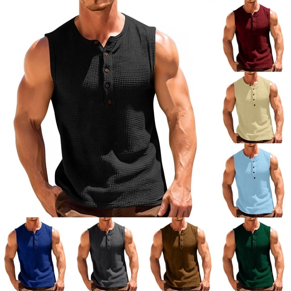 Paiwinds Men's Sleeveless Henley Tank Top, Solid Color Waffle Knit Muscle Shirt, Casual Athletic Vest for Gym & Running