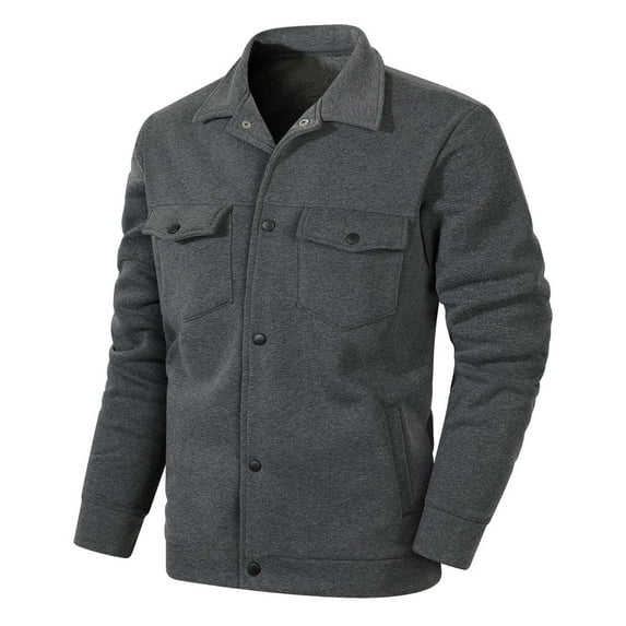 Paiwinds Men's Snap Button Jacket Flip Collar Long Sleeve Solid Color Lightweight Fleece Coat with Pockets for Smart Casual Office