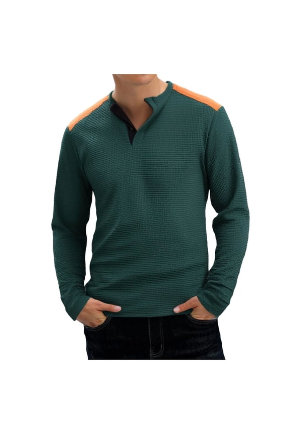 Men's Color Block Button-Down Shirt, Polyester/Rayon/Cotton/Spandex Blend, Round Neck Casual Top in Army Green