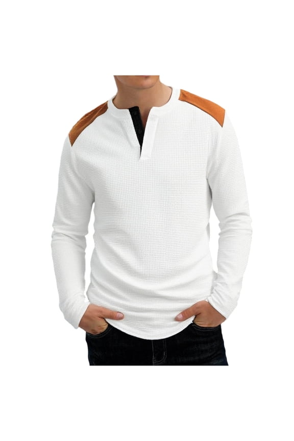 Men's Color Block Button-Down Shirt, Polyester/Rayon/Cotton/Spandex Blend, Round Neck Casual Top in Army Green