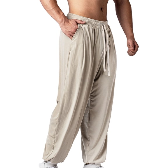 Paiwinds Men's Solid Color Elastic Waistband Drawstring Ankle Pants, Comfortable for Sports and Leisure, Breathable Fabric for All Seasons, Straight Leg Design with Pockets