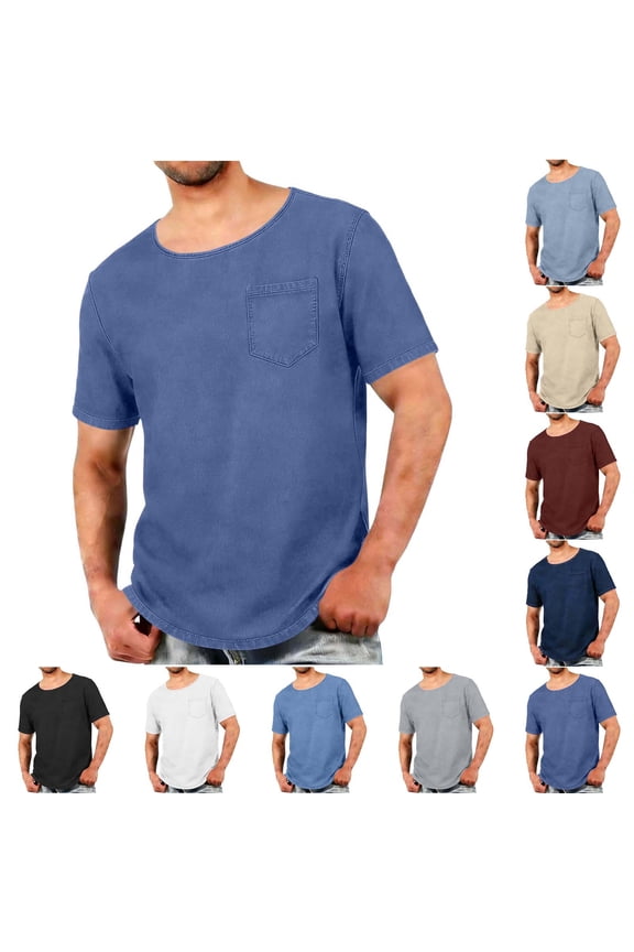 Men's Solid Color Round Neck T-Shirt with Pocket, Casual Loose Fit Short Sleeve Top, Fashion Imitation Denim Style Tee for Spring Summer