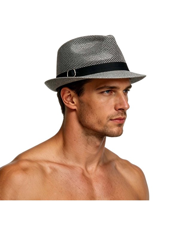 Men's Straw Fedora Summer Sun Hat Breathable Woven Beach Hat with Adjustable Strap for Travel Outdoor Casual Daily Wear