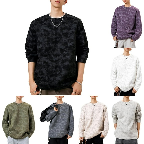Paiwinds Men's Suede Pullover Sweatshirt with Tie-Dye Print, Casual Long Sleeve Crewneck Top for Streetwear and Daily Relaxation, Loose Fit Comfort
