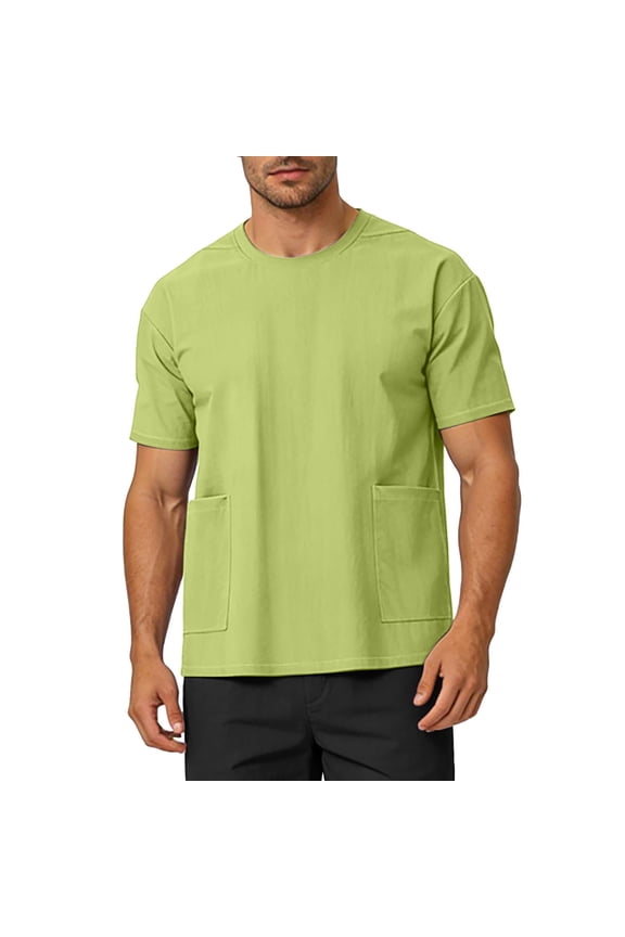 Men's T-Shirt with Pockets Short Sleeve Crew Neck Athletic Workout Tee Solid Color Casual Gym Running Tops Lightweight Quick Dry Breathable Summer