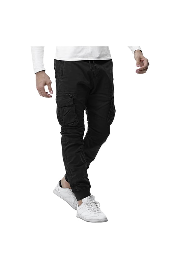 Men's Technical Slim Straight Cargo Pants with Secure Belt Closure System and Detailed Patchwork, Designed for Outdoor Work Requirements and Casual Usage