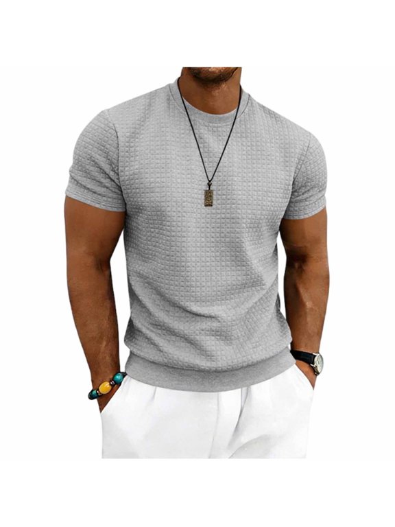 Men's Textured Square Grid Short Sleeve T-Shirt, Solid Color Casual Round Neck Top, Lightweight Breathable Crewneck Tee for Summer, Athletic Fit Casual Wear