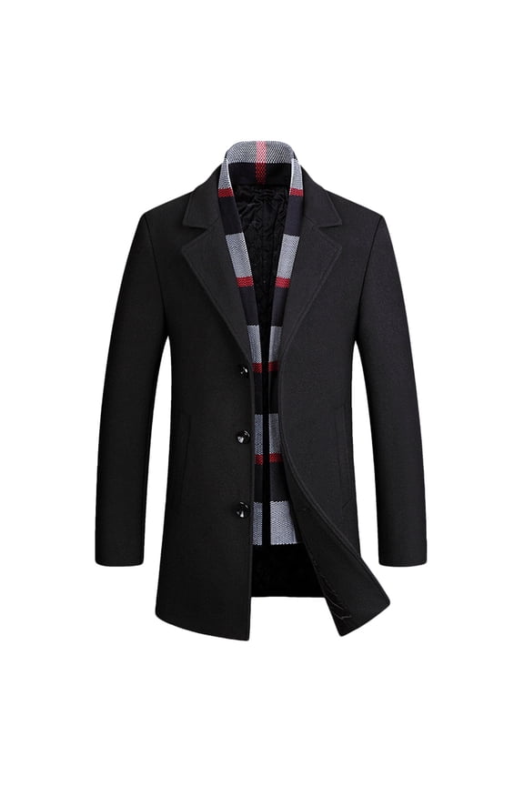 Men's Trench Coat with Button Closure and Lapel Collar, Sophisticated Casual Style, Wool Polyester Blend, Mid-Length Cut for Business Casual and Formal Occasions