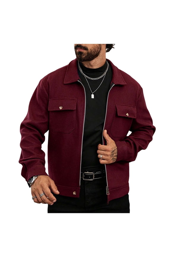 Men's Utility Jacket with Full Zip Closure, Lapel Collar Design, Solid Color Woolen Fabric, Multiple Pockets for Workwear, Daily Outings, and Outdoor Tasks