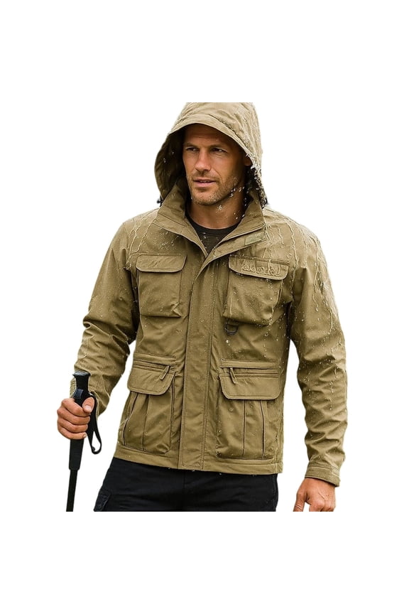 Men's Utility Jacket with Hooded Design, Full Zip Closure, Detachable Sleeves, Windproof and Water Repellent for Outdoor Climbing, Sports, and Adventures