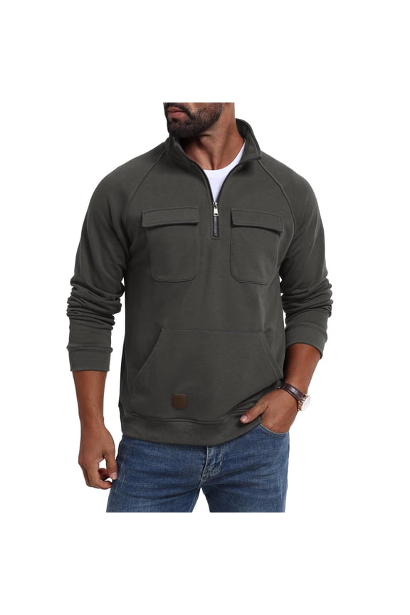 Men's Utility Quarter Zip Pullover, Lightweight Nylon Top with Multiple Pockets & Stand Collar, Breathable Long Sleeve Shirt for Summer Outdoor Wear