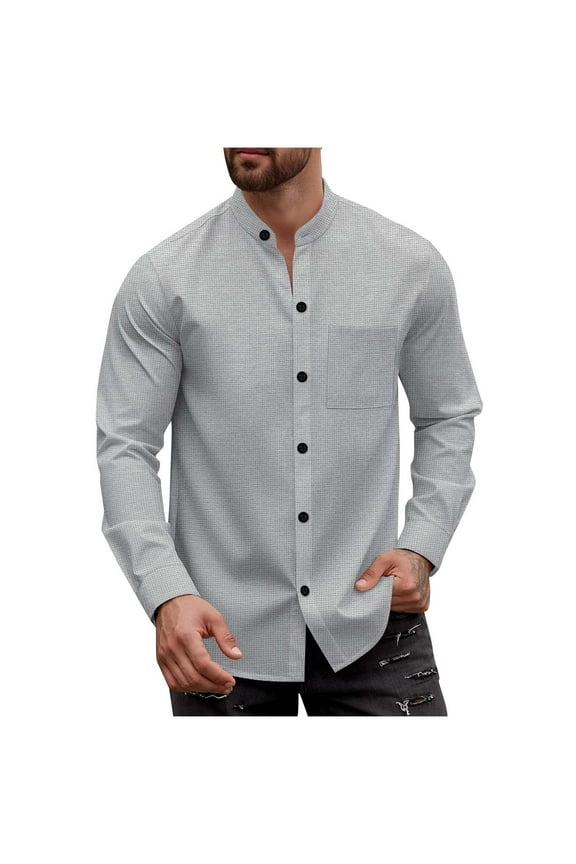 Men's Waffle Knit Long Sleeve Shirt Jacket, Solid Color Stand Collar Hooded Cardigan with Multiple Pockets, Casual Button Down Coat for Fall and Winter Outdoor Style