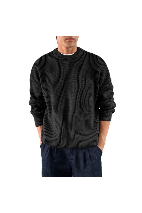 Men's Winter Casual Solid Color Sweater, Long Sleeve Round Neck Knit Pullover with Warm Fabric, Comfortable Top for Cold Weather and Seasonal Fashion Wear