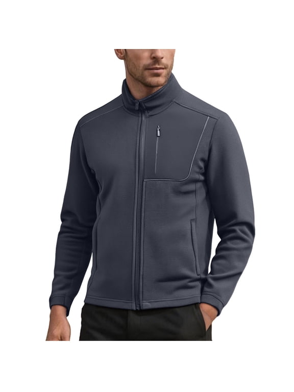 Men's Wool Blend Stand Collar Jacket Full Zip Cardigan Long Sleeve Solid Color Fleece Coat with Zippered Pockets for Urban Winter