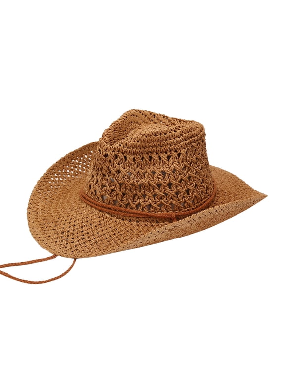 Men's Woven Straw Cowboy Hat with Drawstring Sun Protection Wide Brim Beach Hat Adjustable Chin Strap for Outdoor Travel Hiking Fishing Camping