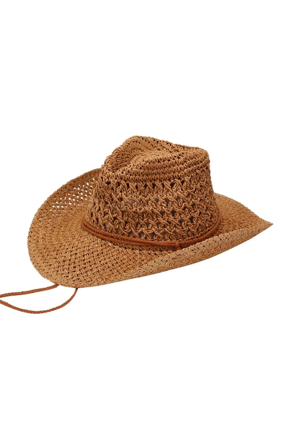 Men's Woven Straw Cowboy Hat with Drawstring Sun Protection Wide Brim Beach Hat Adjustable Chin Strap for Outdoor Travel Hiking Fishing Camping