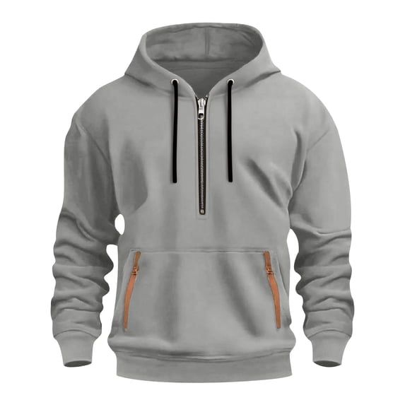 Paiwinds Men's Stretchy Polyester Half-Zip Hoodie with Arm Pocket, Drawstring Hood & Ribbed Cuffs, Casual Beige Pullover Top