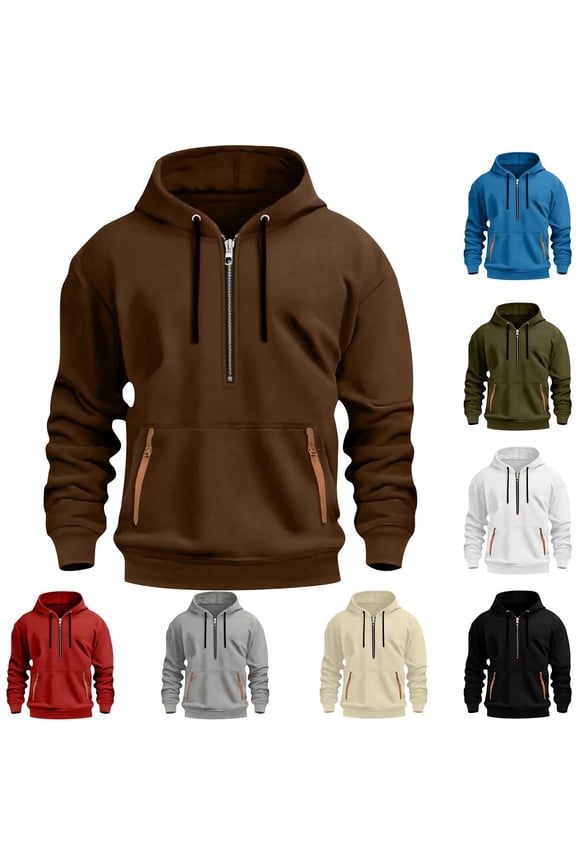 Men's Stretchy Polyester Half-Zip Hoodie with Arm Pocket, Drawstring Hood & Ribbed Cuffs, Casual Beige Pullover Top
