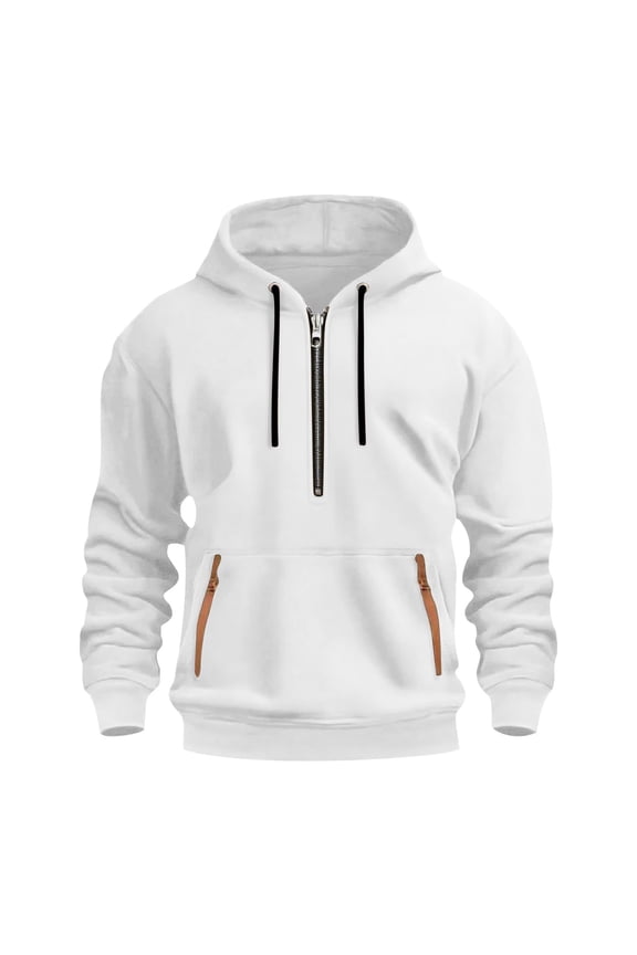 Men's Stretchy Polyester Half-Zip Hoodie with Arm Pocket, Drawstring Hood & Ribbed Cuffs, Casual Beige Pullover Top