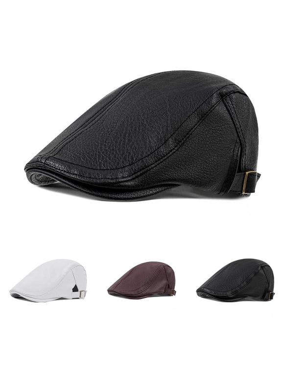 Retro PU Leather Flat Cap for Men Women, Winter Thick British Beret Hat, Adjustable Ivy Newsboy Cap, Casual Duckbill Hat for Cold Weather