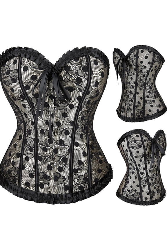 Women Corset Polka Dots Lace Court Style Waist Breast Support Shapewear Black