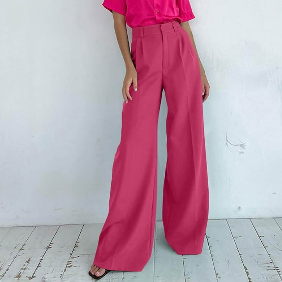 Women's Casual Autumn Straight Solid Color High Waist Suit Pants With Pocket Hot Pink L