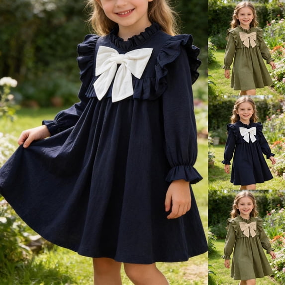 Paiwinds Spring Fall Girls A-Line Dress Crew Neck Ruffle Trim Long Sleeve Bow Detail Casual Loose Fit Regular Holiday Party Outfit for Kids