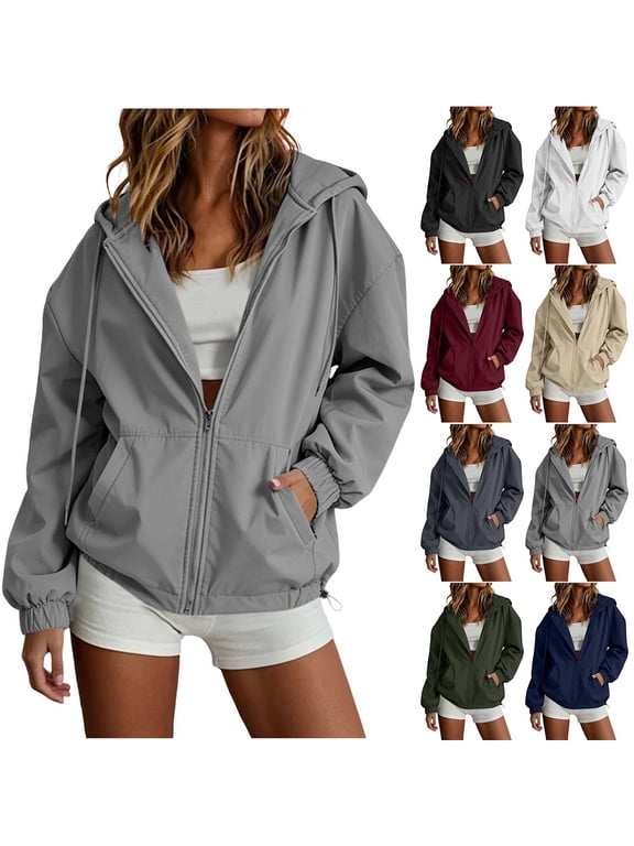 Spring Fall Women's Lightweight Windbreaker Jacket Hooded Full Zip Loose Fit Casual Long Sleeve Outerwear with Drawstring Hood and Pockets