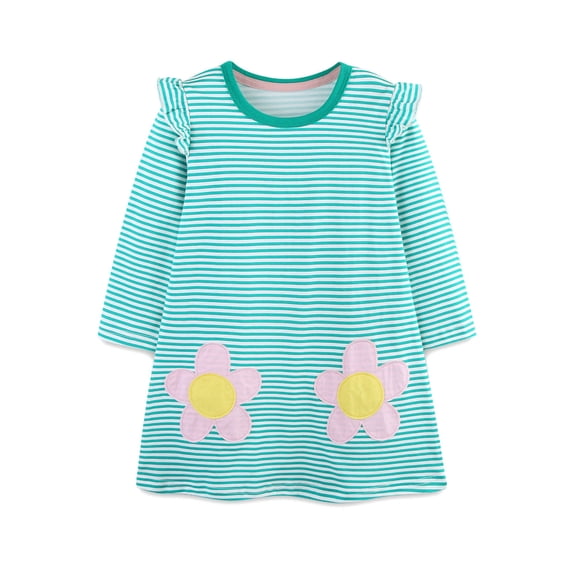 Paiwinds Summer Toddler Girls T-Shirt Dress Striped Crew Neck Long Sleeve Ruffle Shoulder Casual Relaxed Fit Mini Dresses for Little Kids