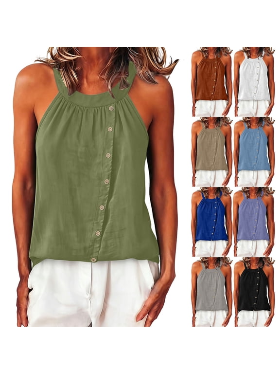 Summer Women's Tank Top Halter Neck Casual Loose Sleeveless Blouse Fit Comfy Wide Strap with Button Down Front Shirts for Women
