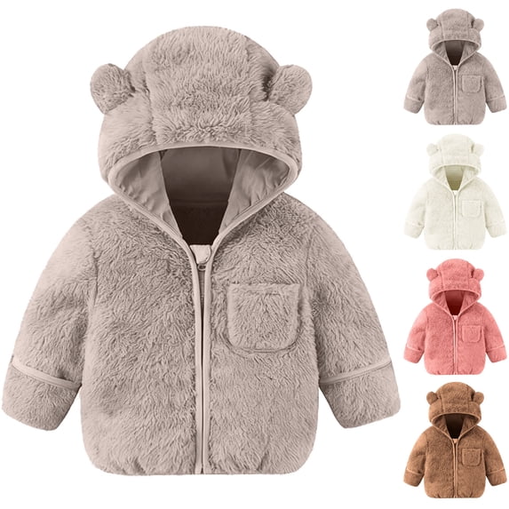 Paiwinds Toddler Baby Hooded Jacket Bear Ears Fleece Hoodie Zip-Up Front Pocket Coat Regular Fit Winter Outerwear Infant Casual Long Sleeve Cute