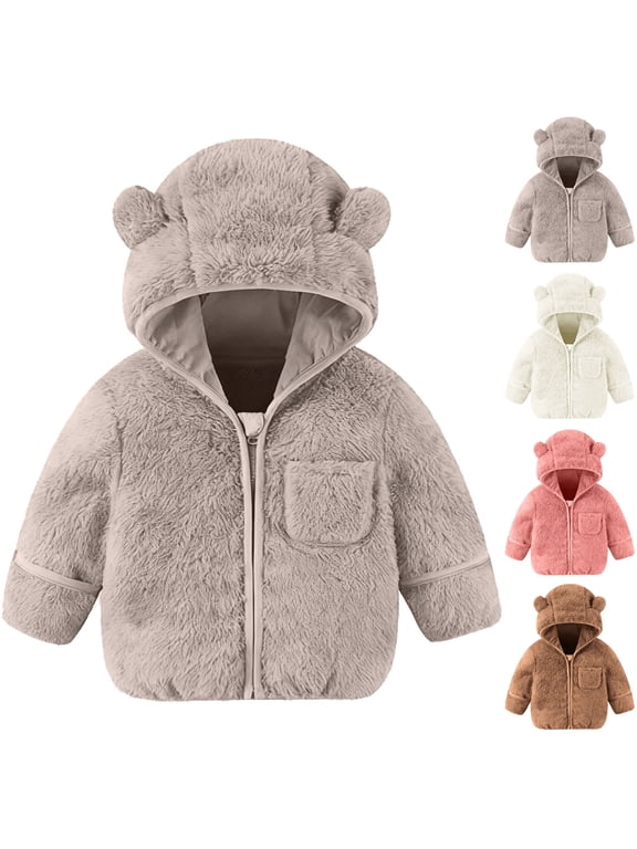Toddler Baby Hooded Jacket Bear Ears Fleece Hoodie Zip-Up Front Pocket Coat Regular Fit Winter Outerwear Infant Casual Long Sleeve Cute