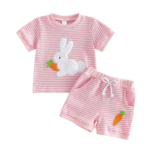 Paiwinds Toddler Girl Bunny Appliqué Short Sleeve Set - Striped Tee with Bunny & Carrot Embroidery, Soft Polyester Shorts with Pockets, Playful Easter Outfit