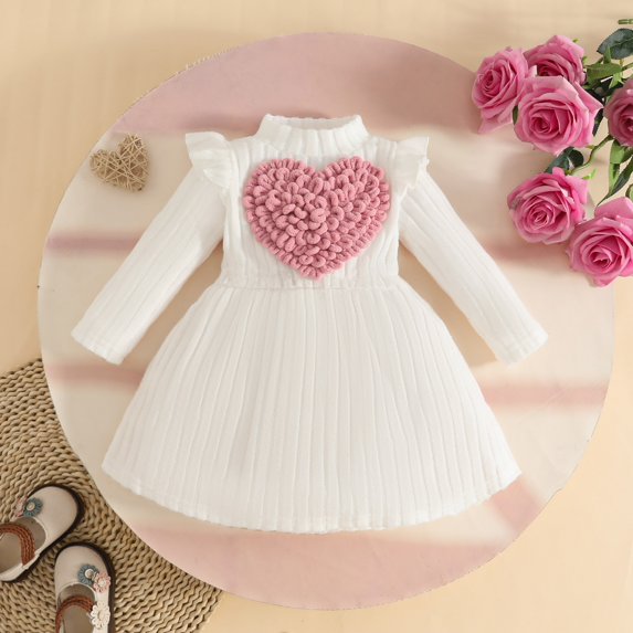 Paiwinds Toddler Girls A-Line Dress Mock Neck Long Sleeve with Ruffle Heart Applique Sweet Valentine's Day Casual Regular Fit Dress for Little Girls