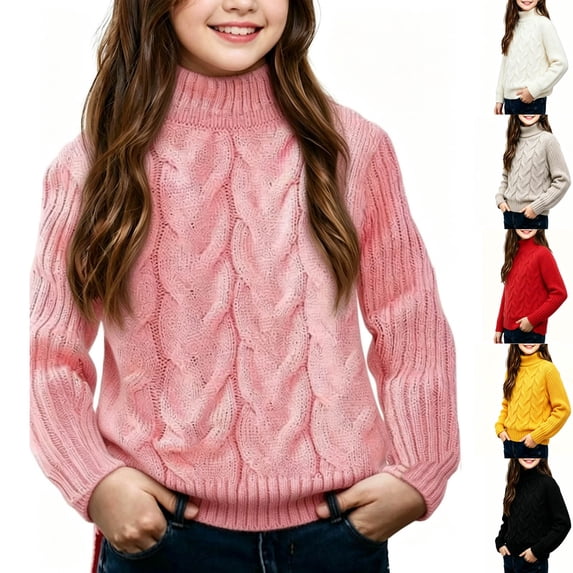 Paiwinds Winter Girls Cable Knit Sweater Turtleneck Long Sleeve Pullover Casual Regular Fit Top Kids Apparel for School