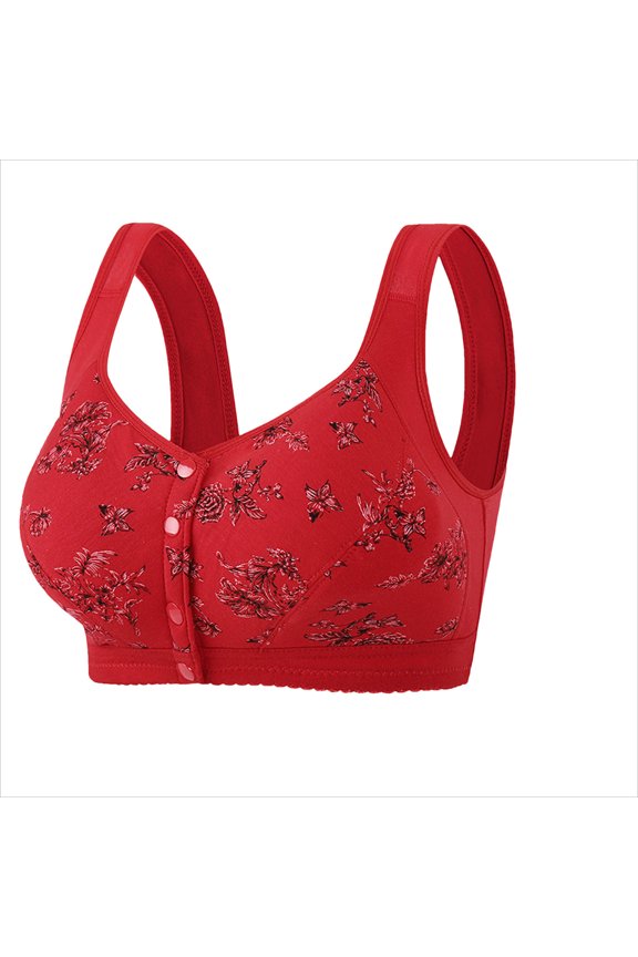 Women's Front Closure Bra - Wirefree Floral Print Comfort Bra with Wide Straps, Plus Size Everyday Underwear