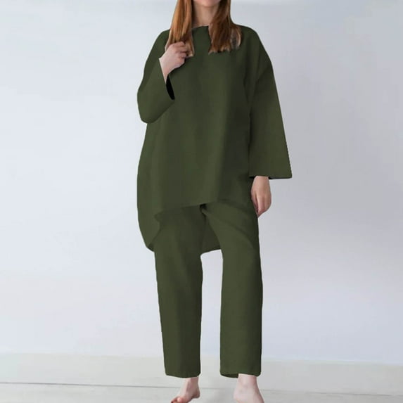 Paiwinds Women Casual 2 Piece Outfits Long Sleeves Cotton Linen Tops Skinny Long Pants Round Neck Sets Green L