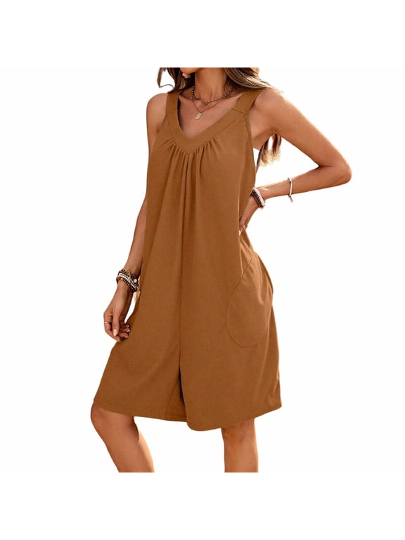 Women Sleeveless V Neck Romper with Pockets Loose Flowy Shorts Solid Casual Summer Beach Vacation Pool