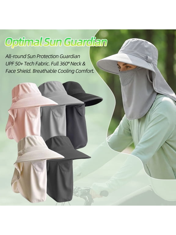 Women Sun Hat with Detachable Face Mask & Neck Flap, UPF 50+ Wide Brim Sun Visor for Outdoor Travel Fishing Hiking Gardening, Breathable Ice Silk Cooling Bucket Hat