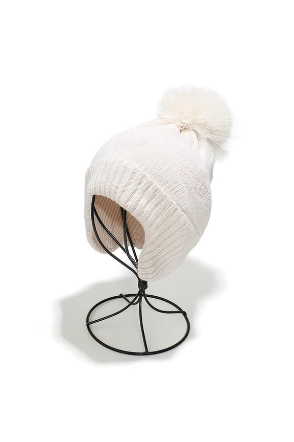 Women Winter Knit Beanie with Ear Protector, Heart Pattern Pom Pom Hat, Warm Knitted Skull Cap for Cold Weather, Outdoor Sports & Daily Wear