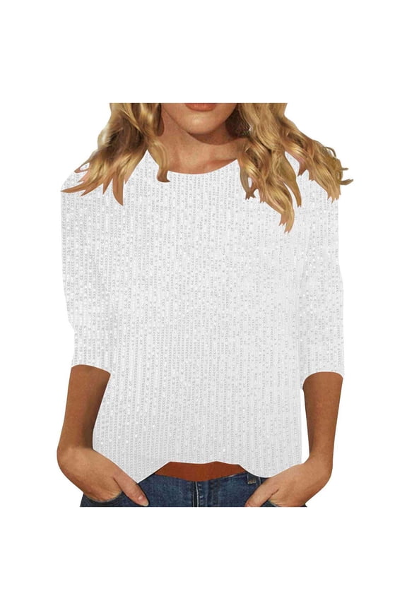 Women's 3/4 Sleeve Round Neck Sequined Pullover Top Casual Solid Color Blouse Soft Nylon Spandex