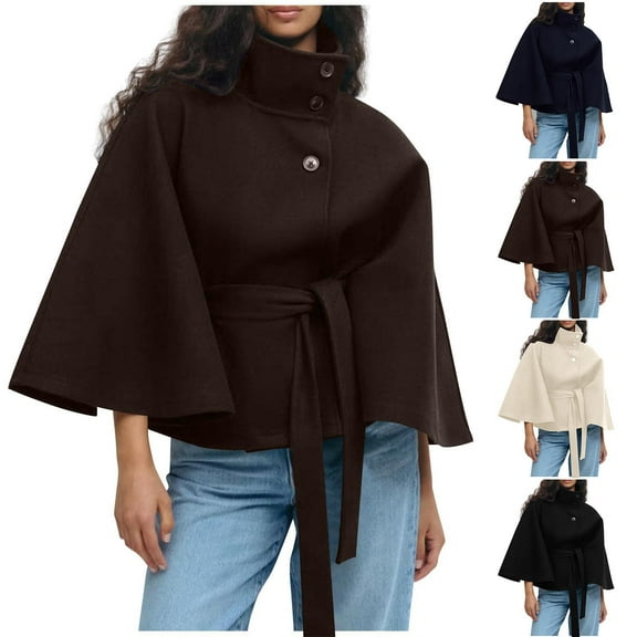 Paiwinds Women's Cape with Stand-Up Collar Button Closure and Adjustable Belt for Fashionable Layering and Winter Style in Casual Outings