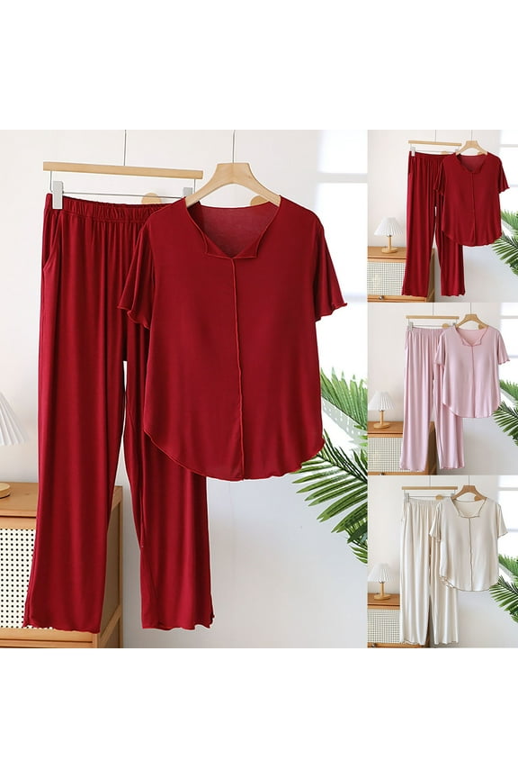 Women’s Cardigan Pajama Set with Chest Cushion - Modal Cotton Blend Dropped Shoulder Top & Long Pants, Cozy Lounge Wear