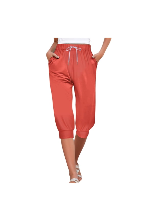 Women's Casual Elastic Tie Waist Loose Capris with Pockets, Drawstring, Loose Fit, 7/8 Length, Multiple Colors.