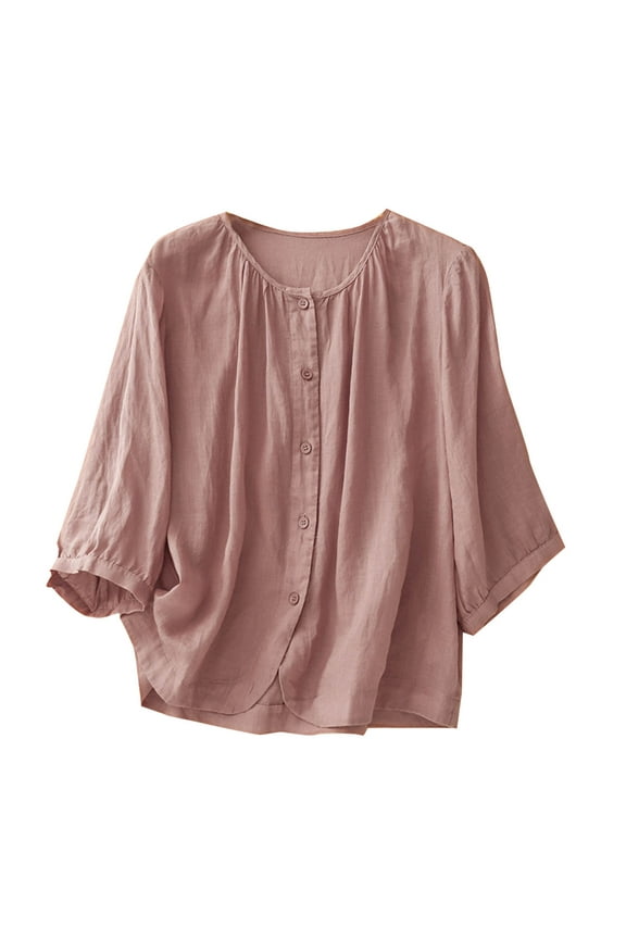 Women's Casual Fashion Striped Buttoned Short Sleeve Turndown Collar Blouse, Cotton Linen Blend for Spring, Summer, and Smart Casual