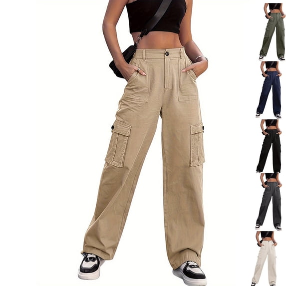 Paiwinds Women's Casual High Waist Cargo Pants Loose Straight Leg Long Trousers with Pockets Khaki Full Length Utility Bottoms