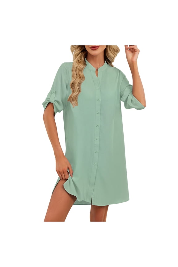 Women's Casual Lapel Shirt Dress, Short Sleeve Button Front Work Office Dress for Daily Wear, Smart Casual Outfits