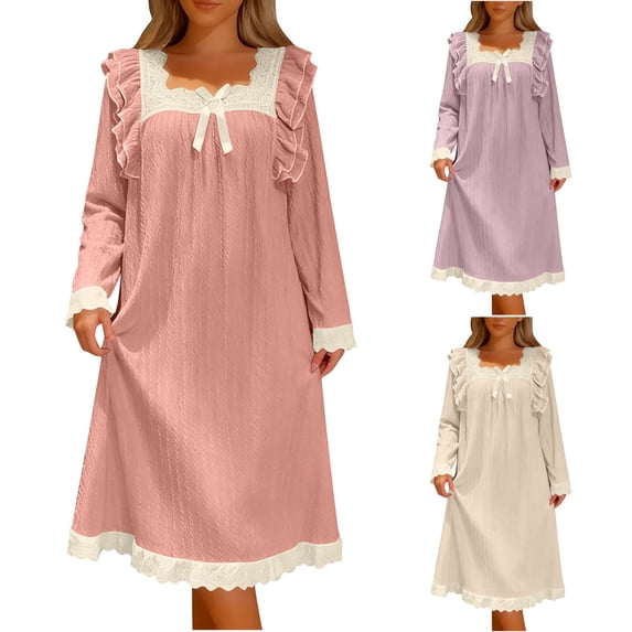 Paiwinds Women‘s Casual Loose Long Sleeve Square Neck Pajama Dress - Embroidered Nightgown for Comfortable Home Wear, Loose Fit, M-5XL
