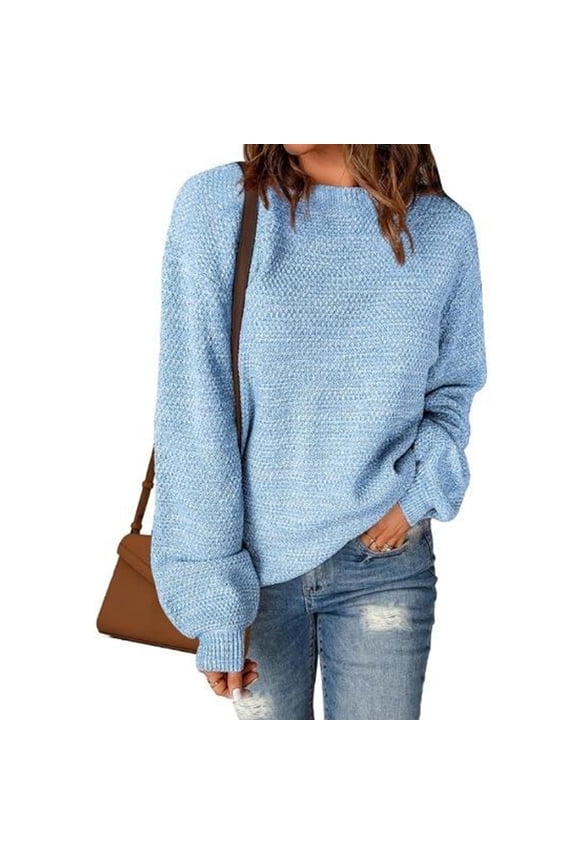 Women's Casual Oversized Loose Solid Round Neck Sweater Long Sleeve Pullover Tops for Work Wear with Embossed Design